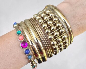 Gold Tone Bracelet Stack Jewel Tone Cabs Colorful 80s Style Vintage Bold Bangle