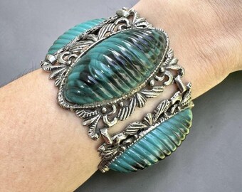 Vintage Moulded Panel Bracelet Selro Style Turquoise Gothic Maximalist Statement