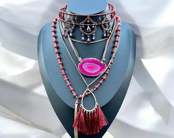 Boho Crimson Tassel Layered Necklace Set, Agate Slice & Rhinestone Choker