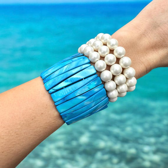 Mermaid Shell Bracelet Stack, Blue Pearl Boho Jew… - image 2