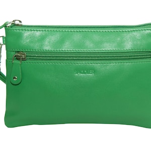 Green Leather Mini Clutch: Zip Top Wristlet Wallet, RFID Protected