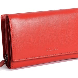 Cartera de mano con tres pliegues de piel para mujer SADDLER ELEANOR de 14,5 cm con cremallera y monedero en caja de regalo - Rojo