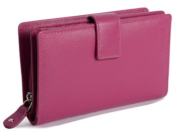 Cartera de mano con cremallera y doble pliegue de cuero de lujo para mujer de SADDLER HOLLY, en caja de regalo, color magenta