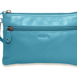 Teal Leather Mini Clutch: Zip Top Wristlet, RFID Protected