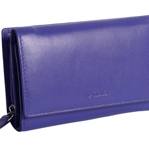 Monedero de piel auténtica SADDLER "Paula" para mujer, de 12 cm, con tres pliegues y cierre de cremallera en la parte trasera, color violeta