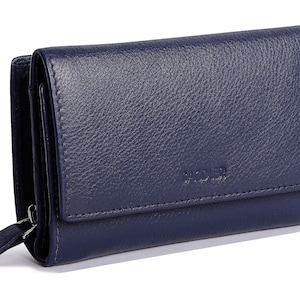 Monedero de piel auténtica SADDLER "Paula" para mujer, de 12 cm, con tres pliegues y cierre de cremallera en la parte trasera, color azul marino