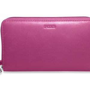 Cartera para teléfono con cremallera redonda y larga de cuero auténtico "Sophia" de SADDLER, tarjetero de mano con correa de muñeca desmontable y protección RFID