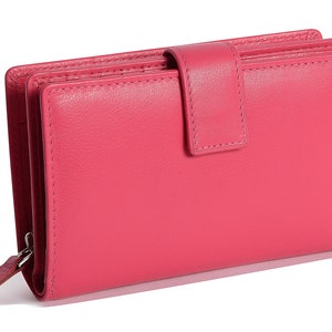 Cartera de mano con cremallera y doble pliegue de cuero de lujo para mujer de SADDLER HOLLY, en caja de regalo, color fucsia