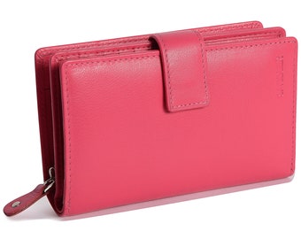 Cartera de mano con cremallera y doble pliegue de cuero de lujo para mujer de SADDLER HOLLY, en caja de regalo, color fucsia