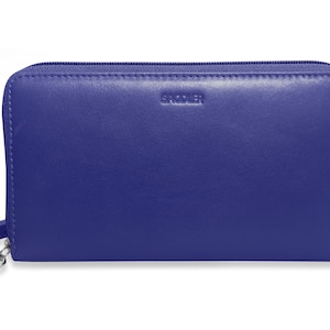Cartera para teléfono con cremallera redonda y larga de cuero auténtico "Sophia" de SADDLER, tarjetero de mano con correa de muñeca desmontable y protección RFID