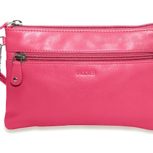 Fuchsia Leather Mini Clutch: Zip Top Wristlet Wallet, RFID Protected