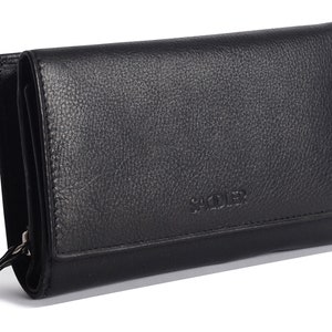 Monedero de piel auténtica SADDLER "Paula" para mujer, de 12 cm, con tres pliegues y cierre de cremallera en la parte trasera, color negro