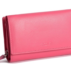 SADDLER "Paula" Real Leather LADIES 12cm Trifold Purse Note Case with backside 3 way zipper purse - Fuchsia