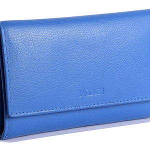 SADDLER "Paula" Real Leather LADIES 12cm Trifold Purse Note Case con monedero trasero con cremallera de 3 vías - Azul