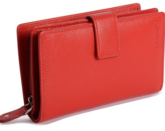 Cartera de mano con cremallera y doble pliegue de cuero de lujo para mujer de SADDLER HOLLY, en caja de regalo, color rojo