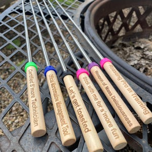 S&#39;more Sticks with Personality – Custom Engraved Handles - Funny Sayings - Extendable up to 32&quot; - Wood Roasting Stick - Campfire tool -Smore