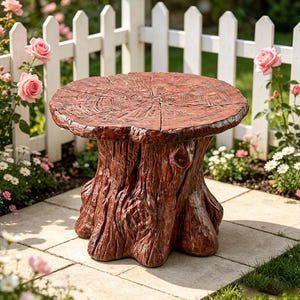 May include: A round side table designed to resemble a natural tree stump with a reddish-brown finish. The tabletop features a detailed wood grain pattern with visible growth rings, while the base displays textured bark and knot details.