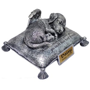 Può includere: Figurina argentata di un cane addormentato con ali d'angelo, sdraiato su un cuscino con l'iscrizione "Of love could have saved you, you would have lived forever." Una placca dorata sul cuscino recita "Daisy 2015-2024".