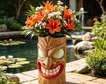 Tiki Mask Planter Pot, Hawaiian Tribal Statue Flower Pot, Tropical Resin Planter, Luau Patio Garden Decor, Outdoor Plant Container