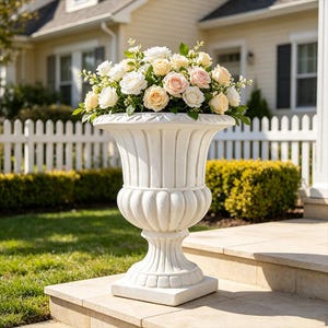 May include: A white pedestal planter with a fluted, urn-shaped body and a square base, filled with a dense arrangement of white, cream, and soft pink roses interspersed with green foliage, creating a full and rounded floral display.