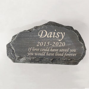 May include: A gray stone memorial with the name Daisy and the dates 2015-2020. The inscription reads "If love could have saved you, you would have lived forever."