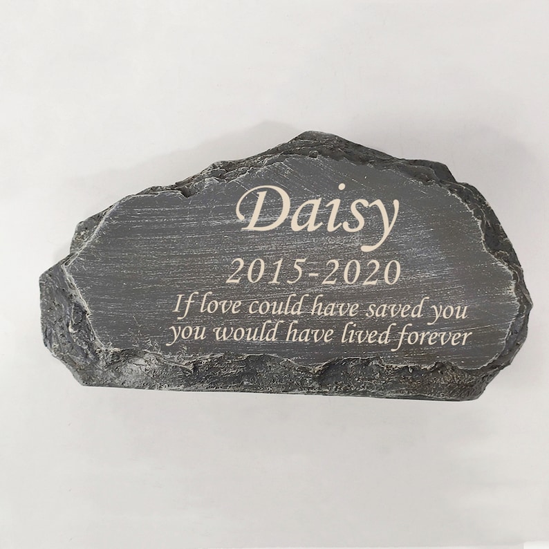 May include: A gray stone memorial with the name Daisy and the dates 2015-2020. The inscription reads "If love could have saved you, you would have lived forever."