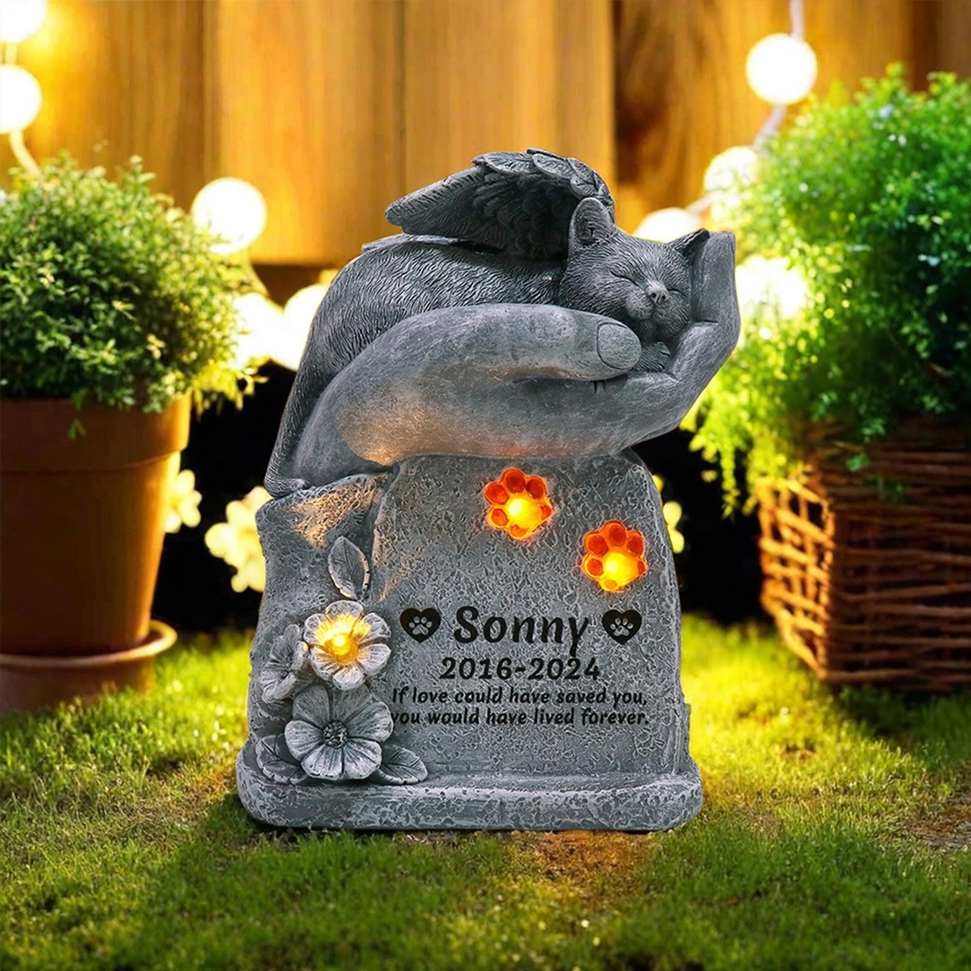 Solar Cat Memorial Stone, Personalized Cat Memorial Gift, Cat Grave Markers with Solar Paw Print in Heart Loss of Cat Gifts