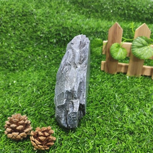 May include: A gray, textured rock with a rough, uneven surface. The rock is sitting on a bed of green grass.