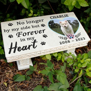 May include: White memorial bench with a heart-shaped photo frame and the text "No longer by my side but Forever in my Heart" with paw prints. The photo frame contains a picture of a white dog. The text "CHARLIE 2008 - 2023" is also on the bench.