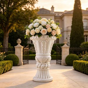 May include: A white stone pedestal urn featuring intricate relief carvings of vertical panels and a rope-like base. The urn is filled with a dense arrangement of cream, white, and soft peach roses interspersed with green leaves and small white buds.