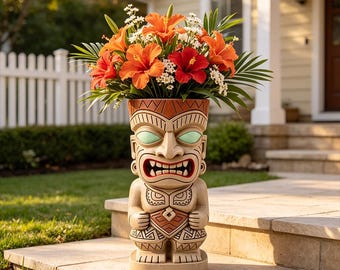 Standing Tiki Statue Planter, Hawaiian Tribal Figurine Flower Pot, Tropical Garden Sculpture, Resin Outdoor Patio Yard Decor