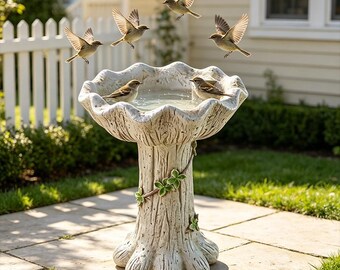 Tree‑Trunk Bird Bath & Bird Feeder 2‑in‑1, Flower‑Shaped Bird Water Bowl, Outdoor Garden Backyard Wild Bird Station Decor