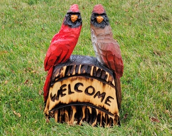 18x12 inch male/female chainsaw carved  cardinal scene with Welcome