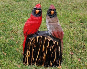 18x12 inch male/female chainsaw carved  cardinal scene