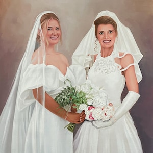 May include: An oil painting portrait of two individuals in white wedding attire. One wears an off-the-shoulder gown with a veil, the other a high-neck gown with lace detailing, a veil, and white gloves. They hold a bouquet of white and pink flowers.