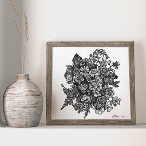 Irische Blumen Original Zeichnung Tuschestift Naturzeichnung Naturzeichnung Boho Zeichnung Arbeit Geschenk Vintage Landhausstil Naturzeichnung