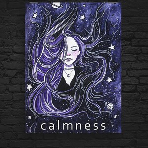 Digitales Poster, Ruhe, Gelassenheit, Mädchen mit langen Haaren, Lila Malerei, Aquarell Meditation, druckbare Wandkunst, Download Print