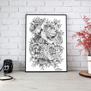 Ranunculus, Digital Poster, black and white graphic drawing with a pen, line flower wall art, minimalist floral home decor, interior picture