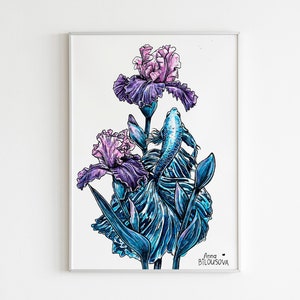 Original Watercolor and Ink Painting, Iris Flower and Decorative Fish Illustration in Black, White, Purple and Blue&quot;