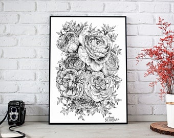 Ranunculus Flower Print: Black and White Line Art (Digital Download)