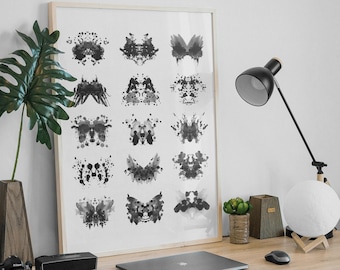 Rorschach test ink blot print black and white watercolor painting download file psychology wall art printable poster office decor abstract