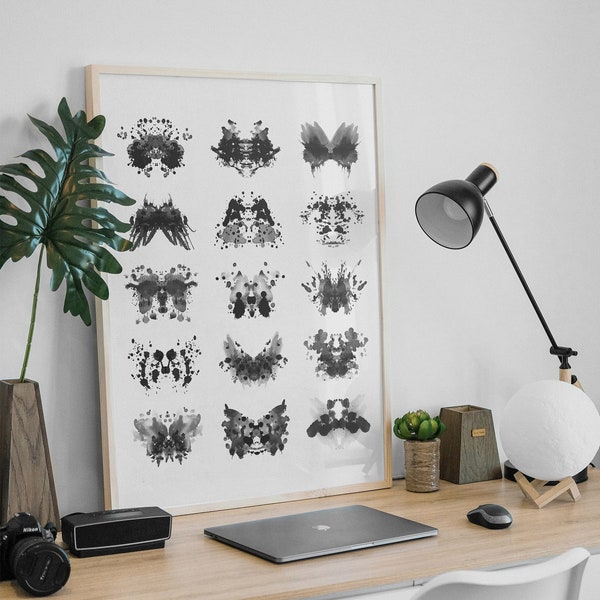Rorschach prueba tinta blot impresión en blanco y negro acuarela pintura descargar archivo psicología arte de pared imprimible póster decoración de oficina resumen