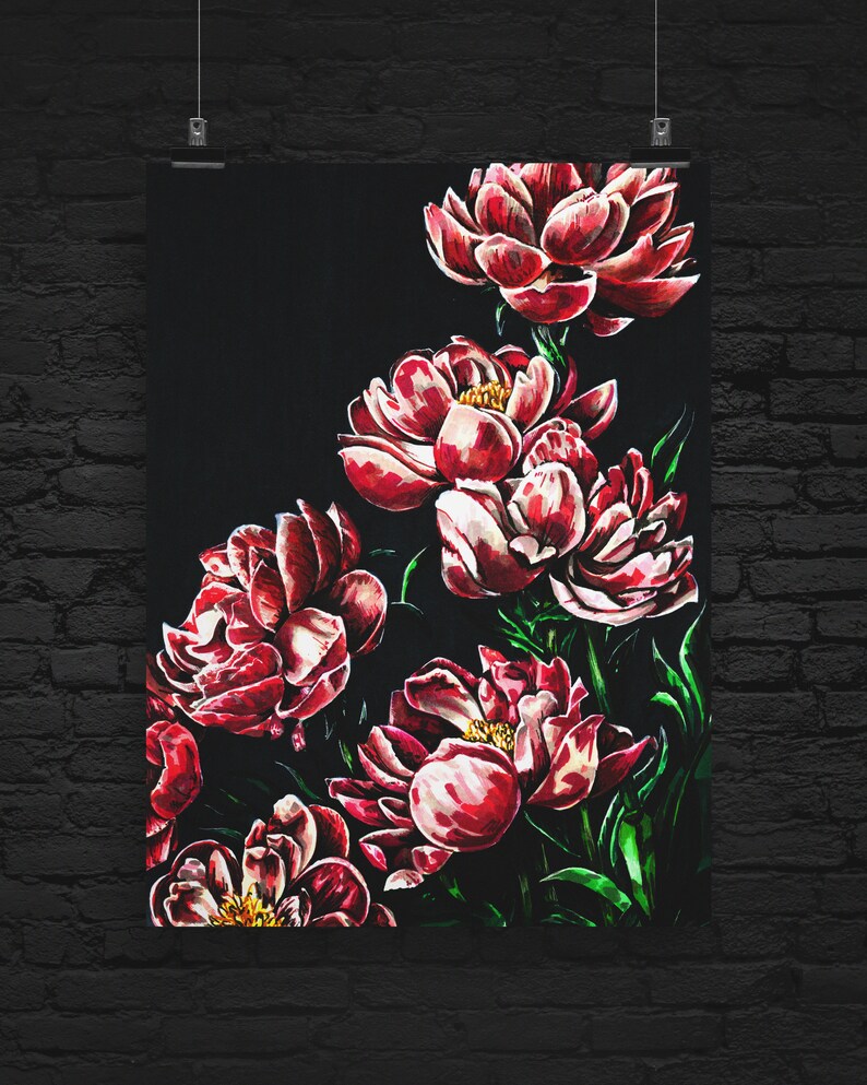 May include: A dark background with a cluster of red peonies with white accents. The peonies are arranged in a cascading pattern with green leaves.