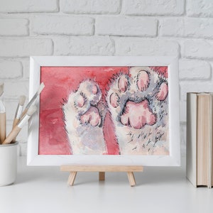 White cat paws, Watercolor painting, Cute kids illustration, Pink wall art, Interior decor, Digital Poster, Download Print