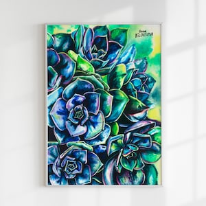 Sukkulenten - Original Aquarell für Naturliebhaber, Bild für den Innenraum, blaue und grüne Blumen