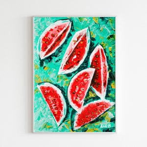 Delicia de sandía jugosa - Pintura acrílica original con brillo dorado, imagen para el interior, frutas tropicales de verano