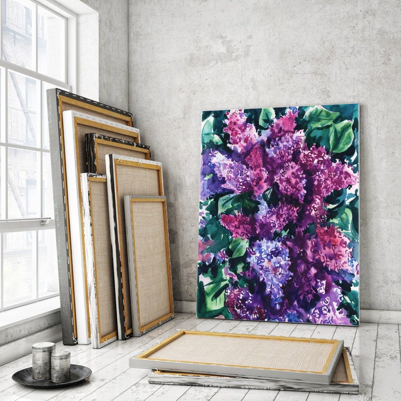 Purple Lilac, Spring flower, Watercolor painting, Digital Poster, Picture for the interior, Printable Wall art, Download Print image 1