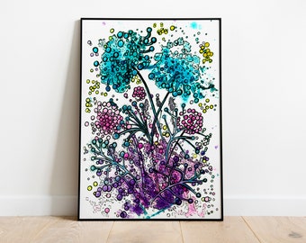 Digital Poster, Purple floral watercolor abstraction painting, Printable Wall art, Download Print, picture for the interior
