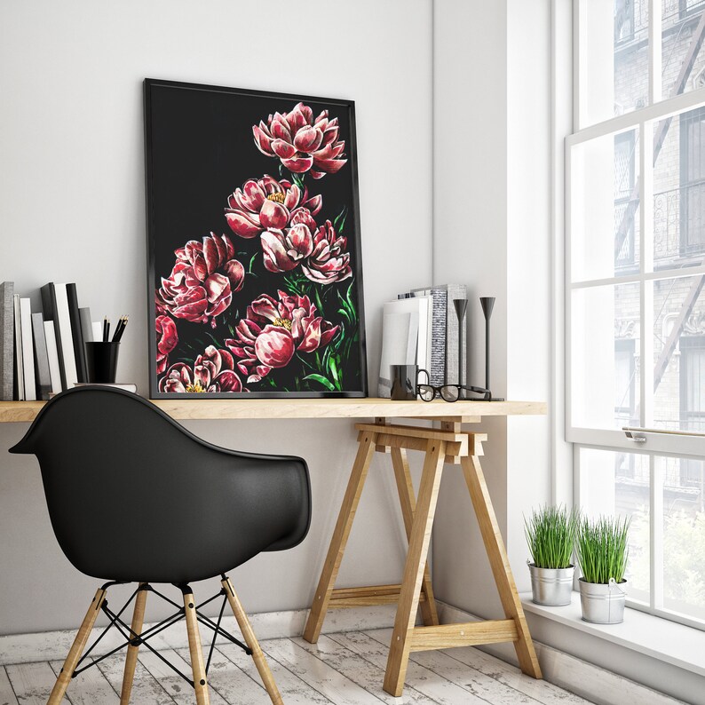 May include: A black framed print of a floral arrangement featuring pink peonies on a black background.