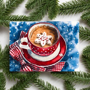 Tasse de chocolat chaud art Joyeux Noël carte-cadeau Affiche numérique Cadeau du Nouvel An Télécharger Imprimer le fichier Illustration d’hiver Aquarelle